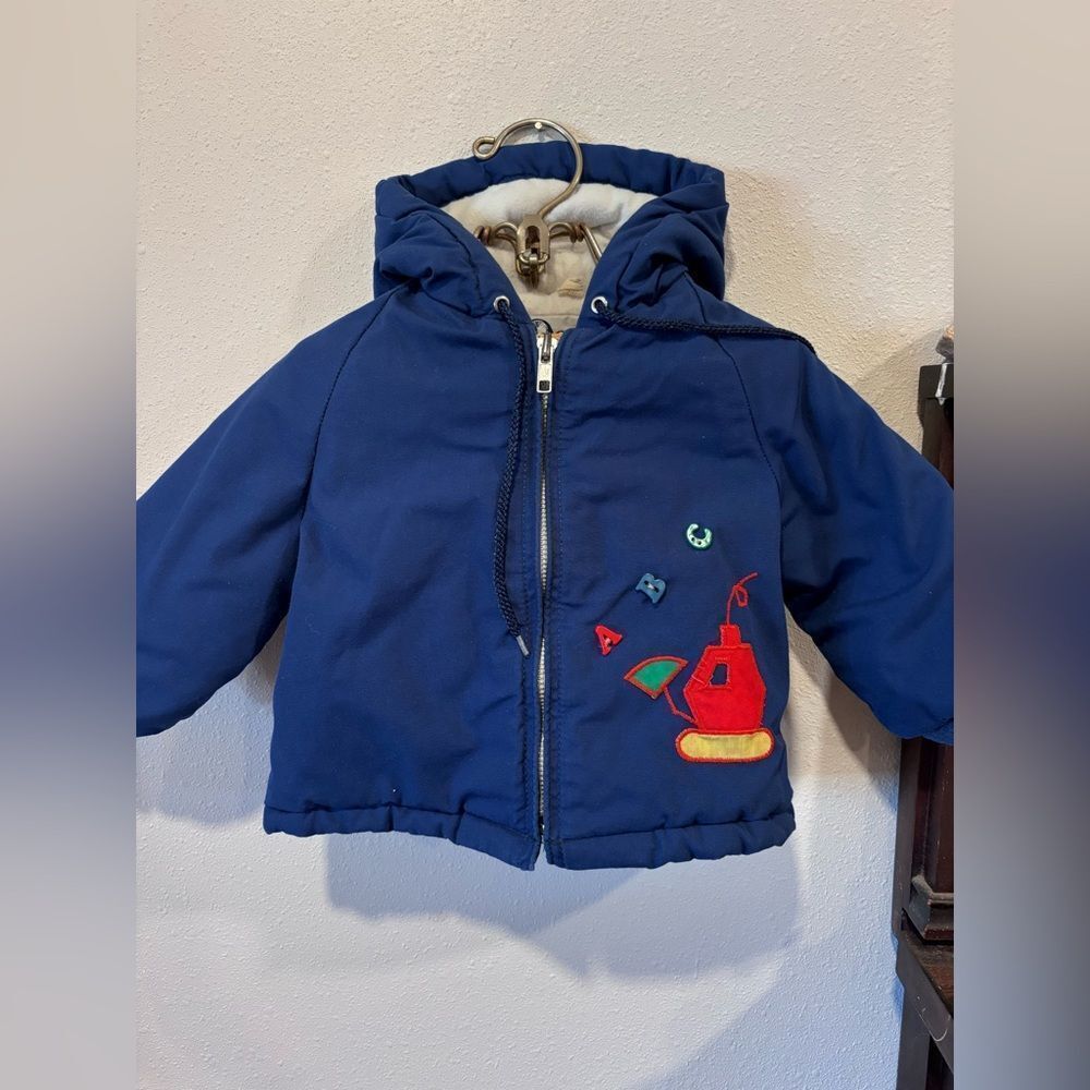 Vintage 70/80s Gerber Baby ABC Construction Navy Blue Hooded Jacket Embroidered